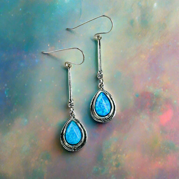 Long Tear Drop Opal and Sterling Silver Drop Earrings.