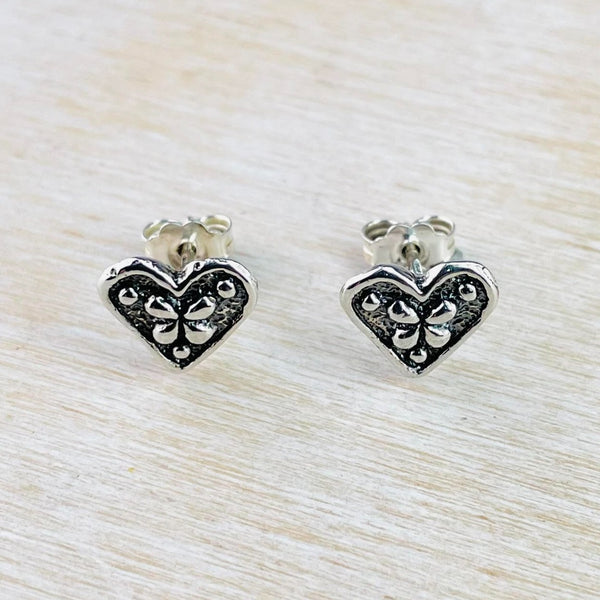 Oxidised Sterling Silver Heart Stud Earrings.