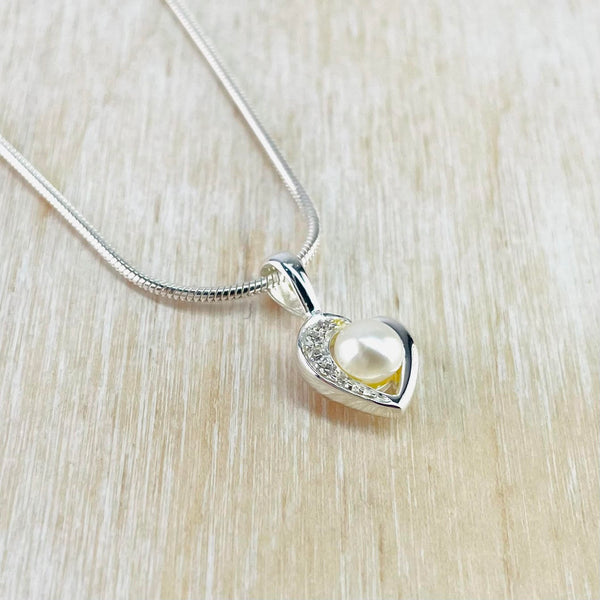 Contemporary Sterling Silver, Zirconia and Pearl Heart Pendant by JB Designs.