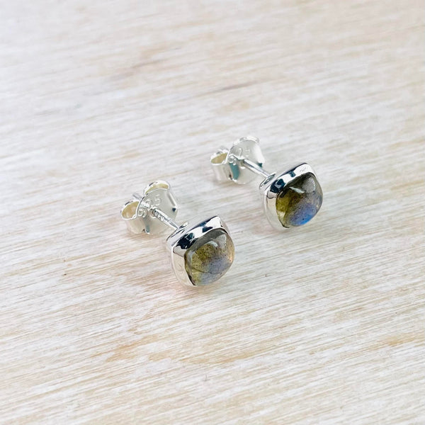Small Square Labradorite and Sterling Silver Stud Earrings.