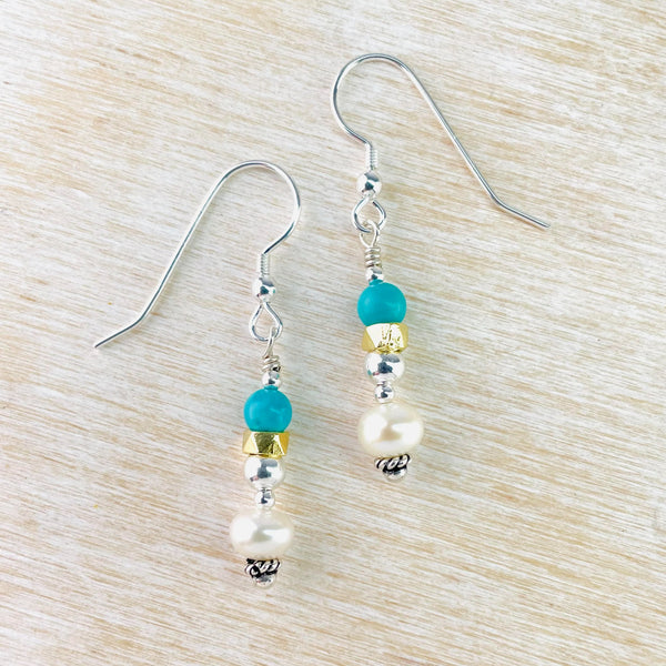 Sterling Silver, Turquoise and Freshwater Pearl Bead Earrings.