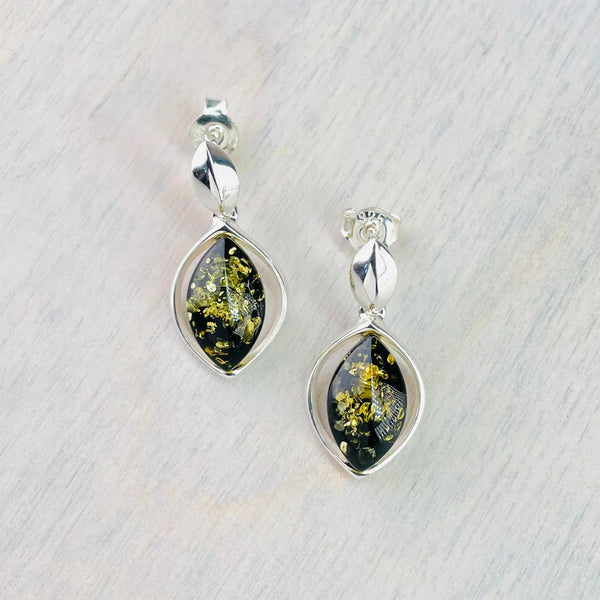 Marquise Double Drop Green Amber and Silver Earrings.