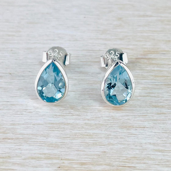 Tear Drop Blue Topaz and Silver Stud Earrings.