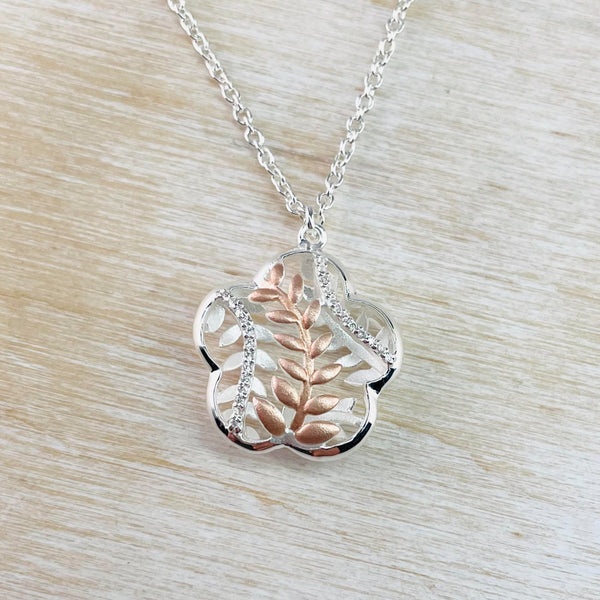 Sterling Silver, Zirconia and Rose Gold 'Flower' Pendant by 'Unique and Co'