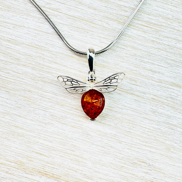 Sterling Silver and Cognac Amber Bee Design Pendant.