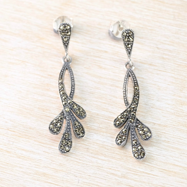 Long Marcasite and Sterling Silver Wave Drop Earrings.