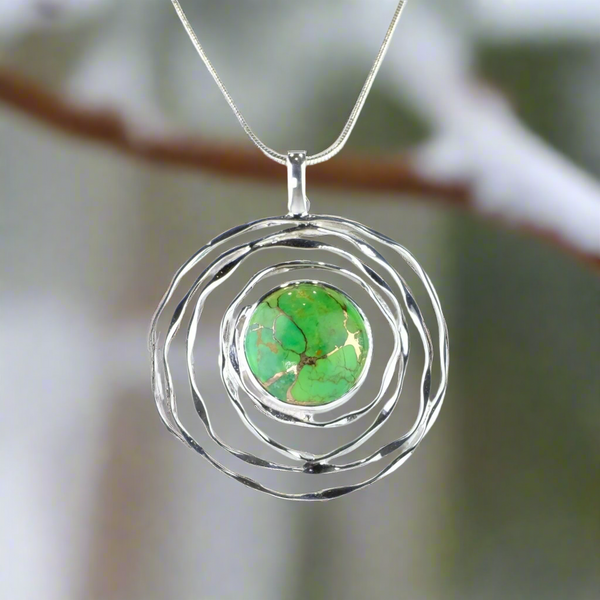 Large Green Mojave Turquoise and Silver Swirl Pendant.