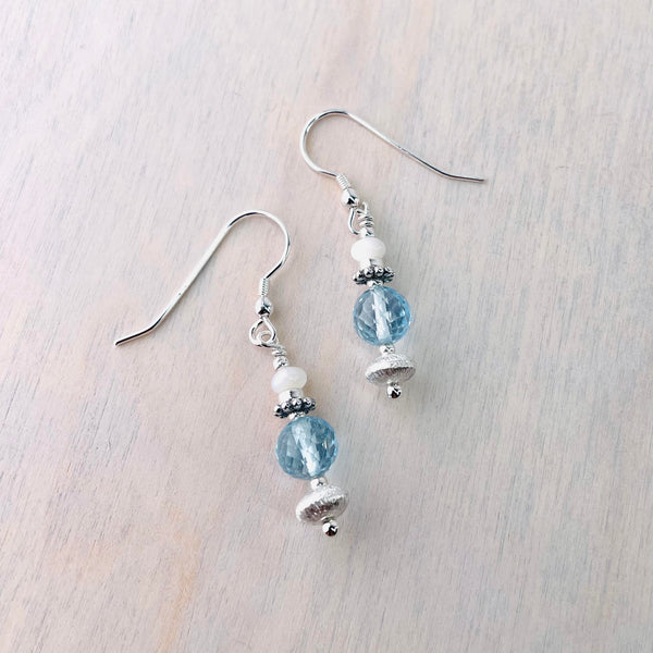 Silver, Blue Topaz and Mother of Pearl Bead Earrings.