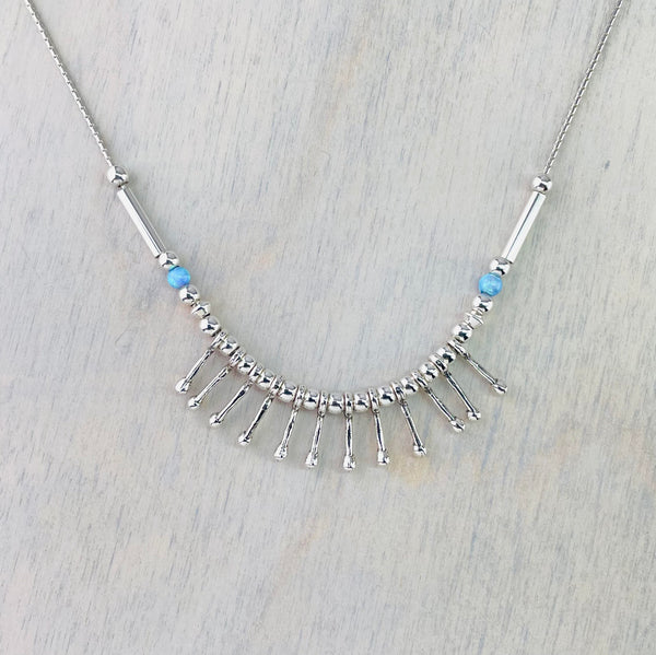 Opal Bead and Silver Droplet Necklace.