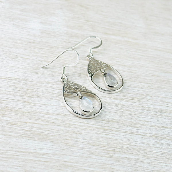Filigree Sterling Silver and Rainbow Moonstone Drop Earrings.