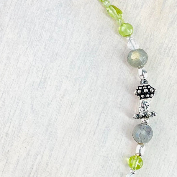 Peridot, Labradorite, Rainbow Moonstone and Silver Bead Necklace by Emily Merrix.