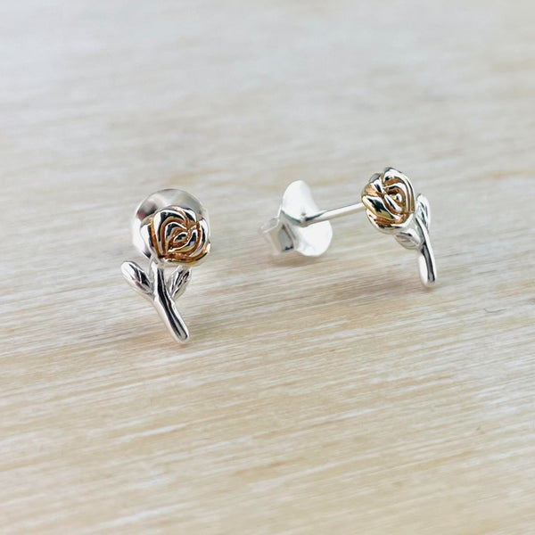 Two Tone Sterling Silver Rose Stud Earrings by JB Designs.