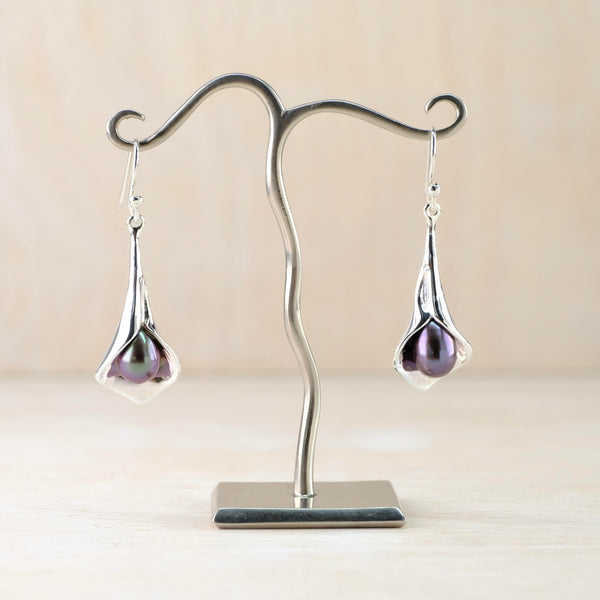 Sterling Silver Lily and Peacock Pearl Drop Earrings.
