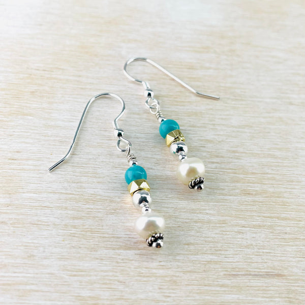 Sterling Silver, Turquoise and Freshwater Pearl Bead Earrings.