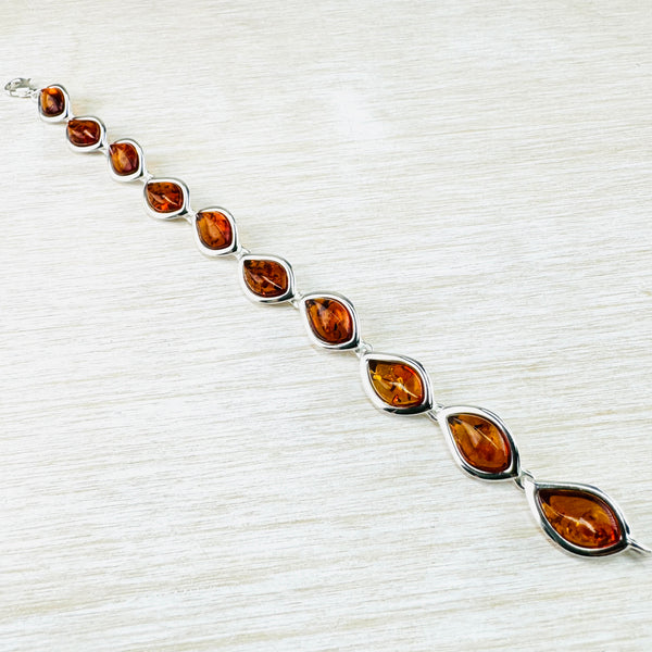 Sterling Silver and Cognac Amber Link Bracelet.