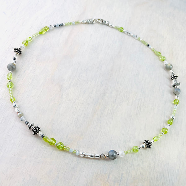 Peridot, Labradorite, Rainbow Moonstone and Silver Bead Necklace by Emily Merrix.