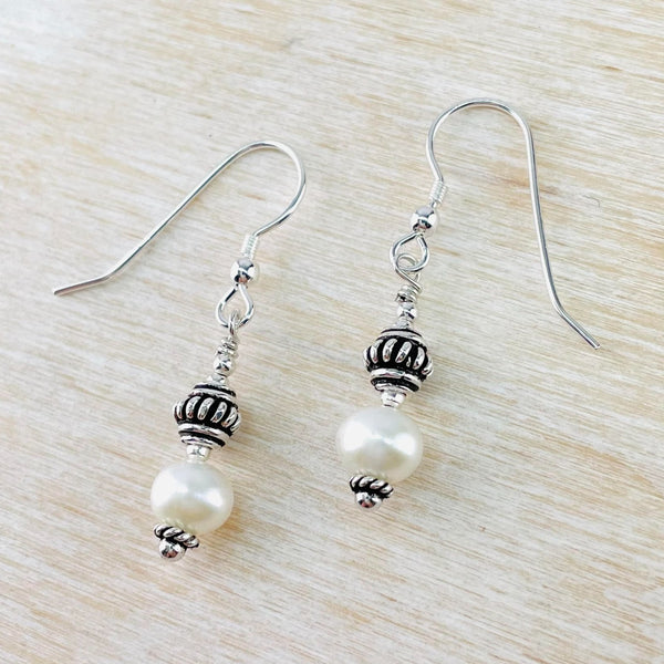 Sterling Silver and Freshwater Pearl Bead Drop Earrings by Emily Merrix.