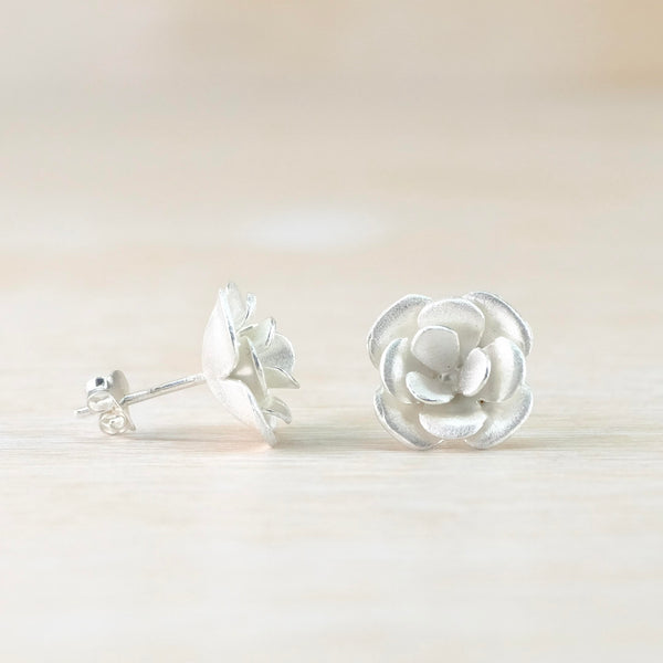 Satin Sterling Silver Rose Stud Earrings by Christin Ranger.