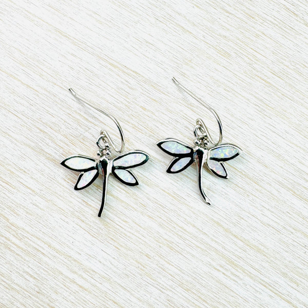 Sterling Silver and Opalique Dragonfly Drop Earrings.