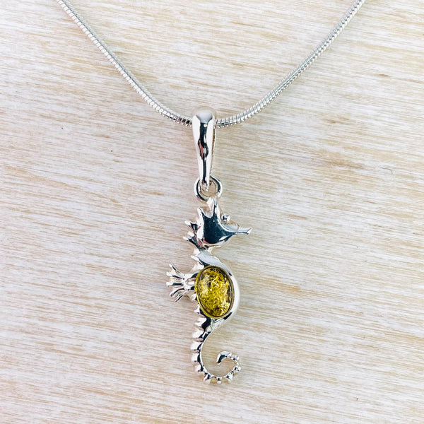 Green Amber and Sterling Silver Seahorse Pendant.