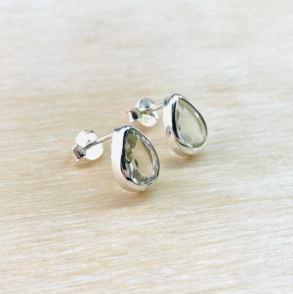 Sterling Silver and Green Amethyst Tear Drop Stud Earrings.