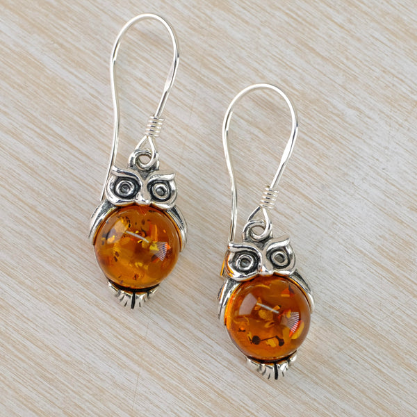 Sterling Silver and Amber Owl Earrings.
