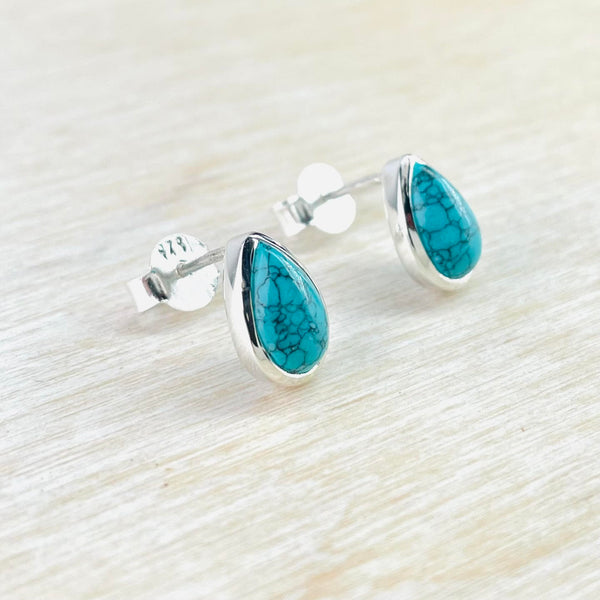 Tear Drop Turquoise and Sterling Silver Stud Earrings.
