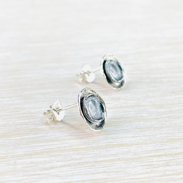 Small Satin and Oxidised Silver Stud Earrings by JB Designs.