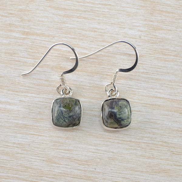 Small Square Sterling Silver And Septarian Stone Earrings.