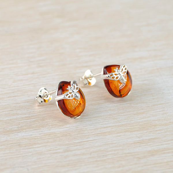 Amber and Sterling Silver Bee Stud Earrings.