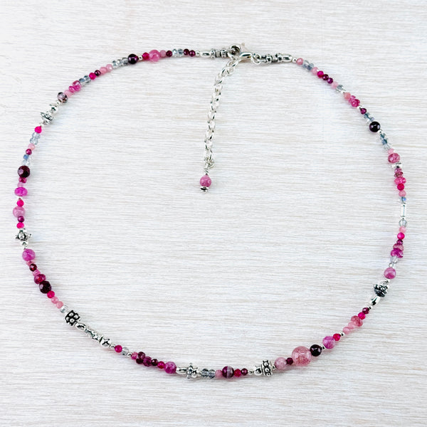 Asymetrical Ruby, Ruby Quartz, Pink Tourmaline, Garnet and  Sterling Silver Bead Necklace by Emily Merrix.
