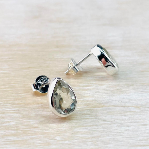 Sterling Silver and Green Amethyst Tear Drop Stud Earrings.