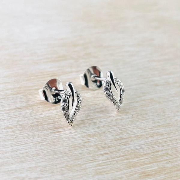 Sterling Silver and Cubic Zirconia Leaf Design Stud Earrings by JB Designs.