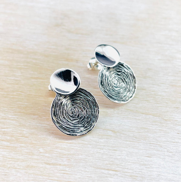High Polished and Textured Silver Double Circle Stud Earrings.