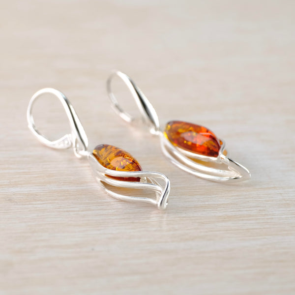 Marquise Cognac Amber and Multi Strand Sterling Silver Drop Earrings.
