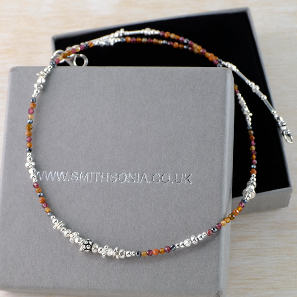 Fine Multi Stone Beaded Necklace by Emily Merrix, in Red and Brown Tones.