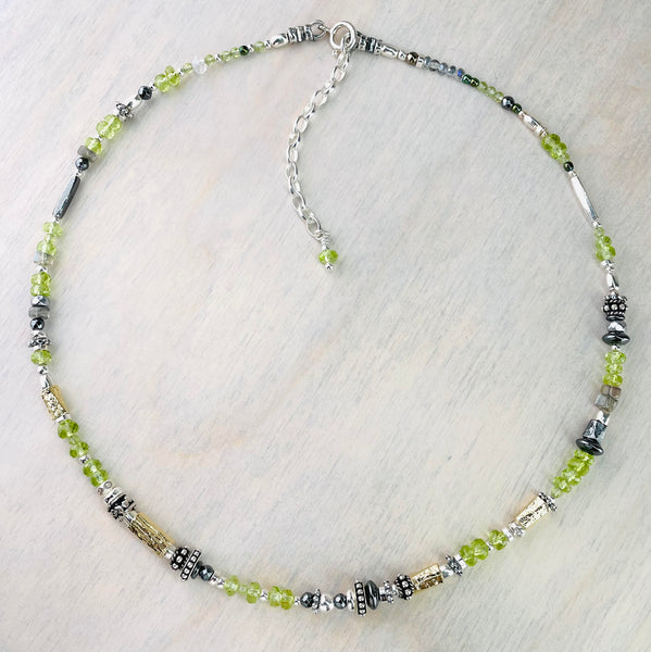 Peridot, Labradorite, Hematite, Silver and Gold Plated Bead Necklace by Emily Merrix.