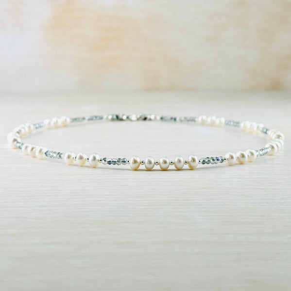 Freshwater Pearl, Grey Crystal and Sterling Silver Necklace by Emily Merrix.