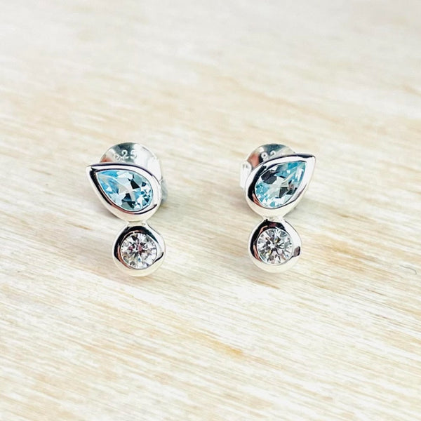 Sterling Silver, Blue Topaz and CZ Stud Earrings by JB Designs.