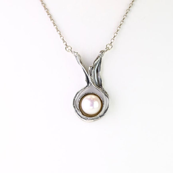 Contemporary Oxidised Silver and Pearl Necklace.