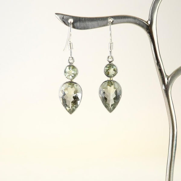 Sterling Silver and Green Amethyst Two Stone Drop Earrings.