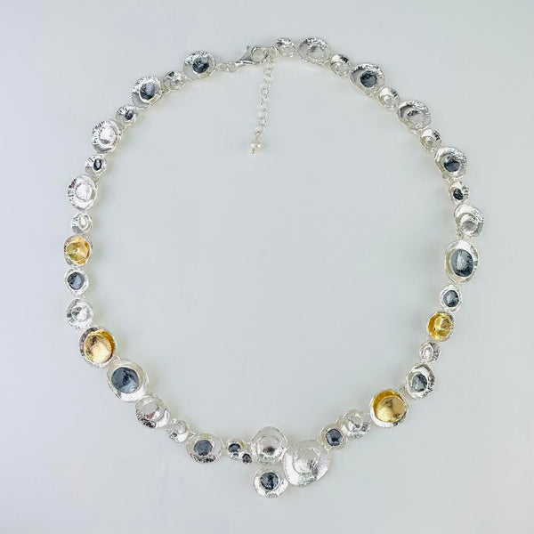 Satin Silver, Oxidized Silver and Gold Plated Linked Necklace by JB Designs.