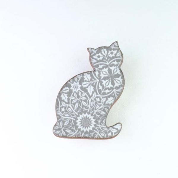 Handmade Ceramic Grey Cat Brooch.