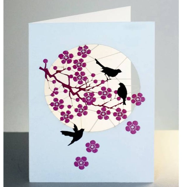 'Pink Blossom and Black Birds' Laser Cut Card.