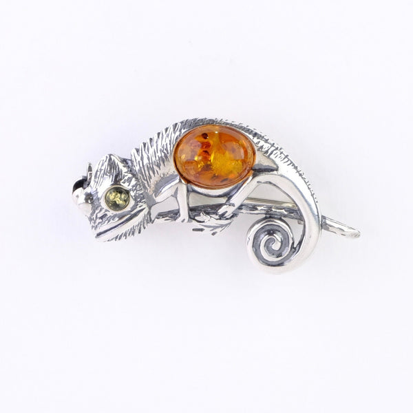 Silver and Amber Chameleon Design Brooch.