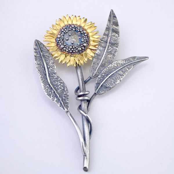 Silver Handmade Large Sunflower Brooch by Sheena McMaster.