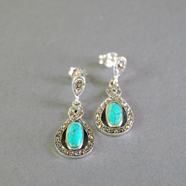 Silver, Marcasite and Turquoise Drop Earrings.