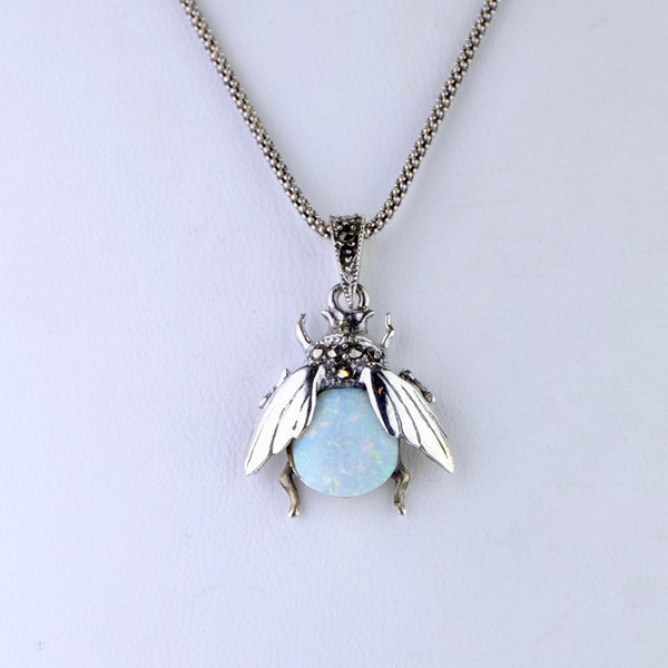 Marcasite, Opal and Silver Bee Design Pendant.