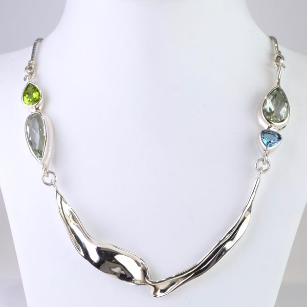 Sterling Silver and Green Amethyst, Peridot and Blue Topaz Necklace.