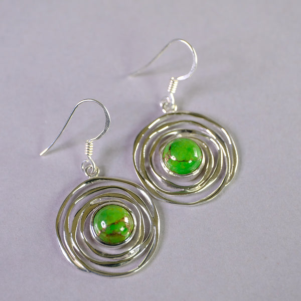 Silver Swirl and Green Mojave Turquoise Drop Earrings.